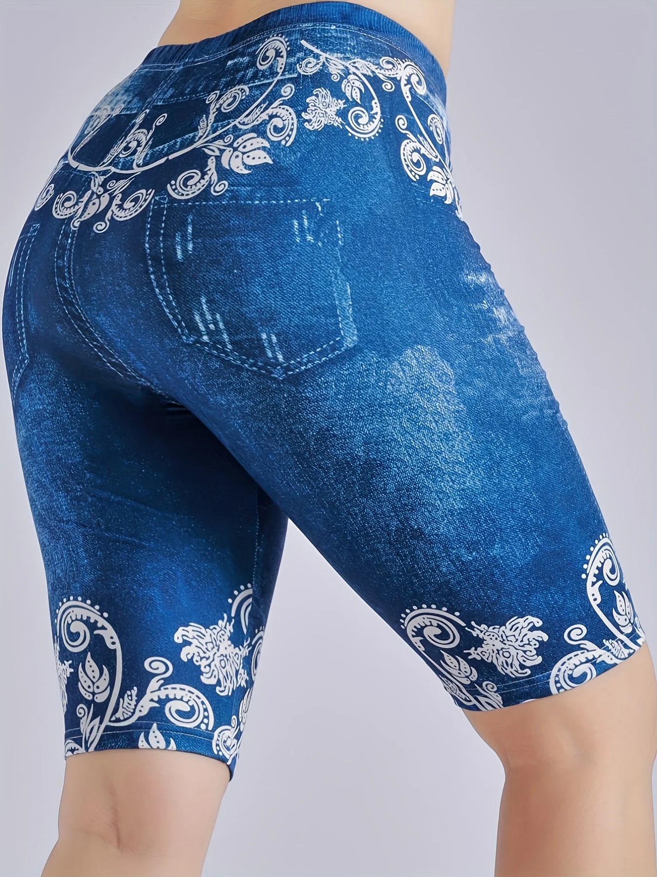 3 Piece Set Of Lmitation Denim Leggings For Women Butterfly Waist Fruit Flower Elastic Shorts High Waist Casual-belleandkai.com