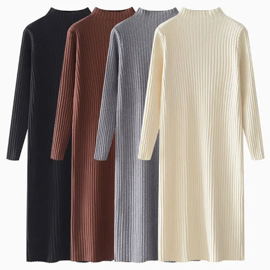 Women Autumn Winter Casual Mock Neck Solid Dress Inner Layer Long Sleeved Knit Dress Loose Mid-Length Versatile Sweater Dress-belleandkai.com