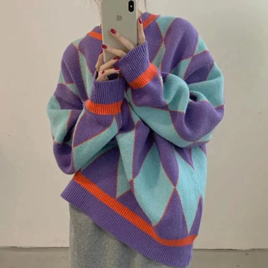 MEXZT Streetwear Argyle Sweater Women Oversized Plaid Knitted Pullovers Vintage Korean Loose Knitwear Harajuku Casual Jumper New-belleandkai.com
