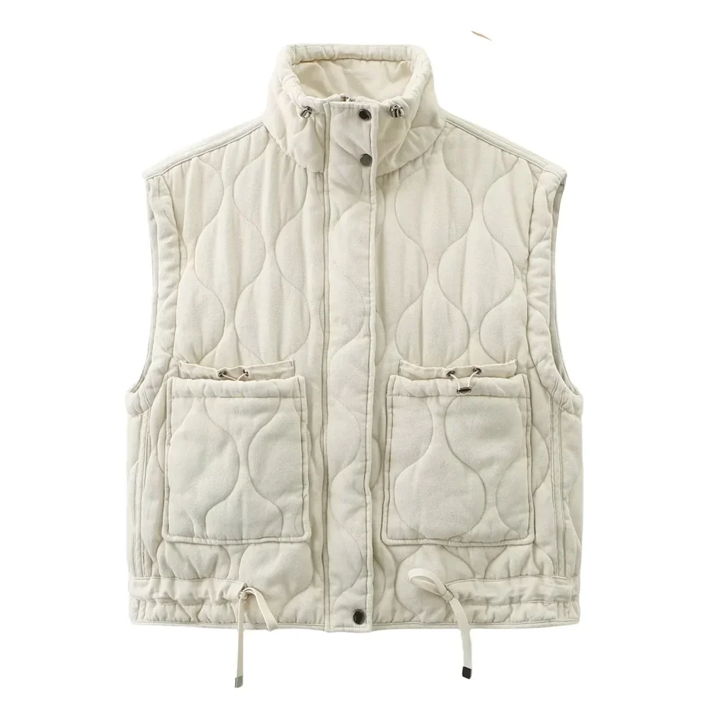 New women's versatile sleeveless stand up collar pocket decoration vest cotton vest loose shoulder jacket-belleandkai.com