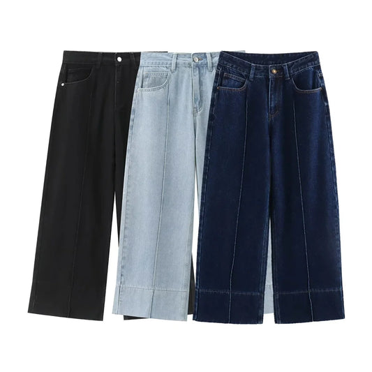 Summer New Product Casual Women's Fashion Solid Color Versatile Loose Simple High Waist Wide Leg Jeans-belleandkai.com