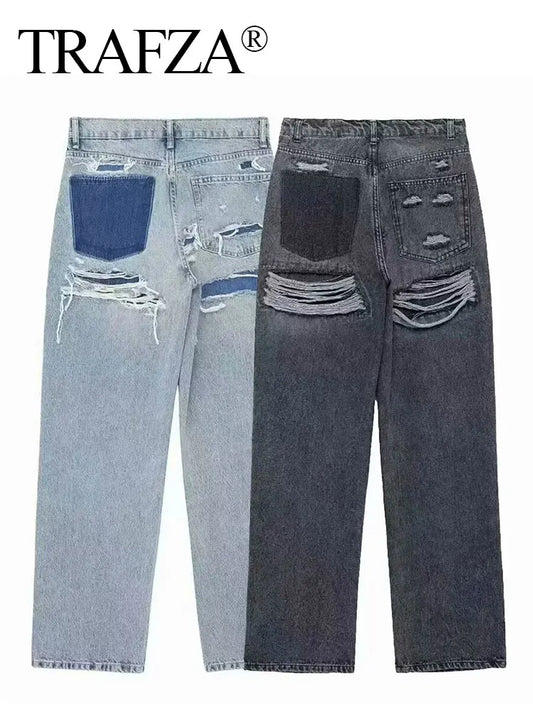 TRAFZA Jeans For Women Fashion Vintage Holes Decorated Denim Pant Patchwork High Waist Trousers Y2K 2024 High Street Lady Jeans-belleandkai.com