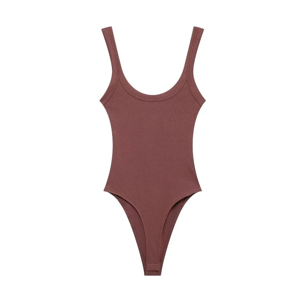 TRZA-Skinny Ribbed Bodysuits for Women, O Neck, Straps, Snap-Button, Female Playsuits, Sexy Fashion-belleandkai.com