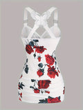 2024 spring and summer Europe and the United States new women's rose print pleated suspenders butterfly lace cross vest.-belleandkai.com