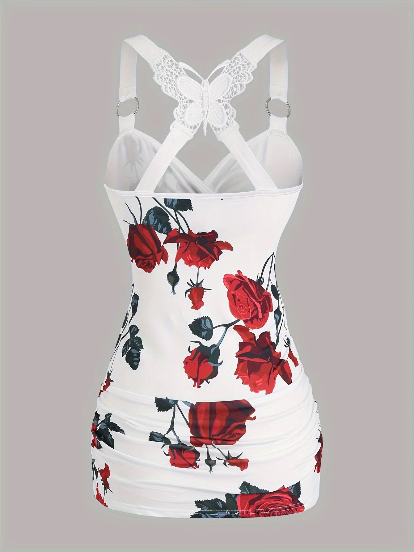 2024 spring and summer Europe and the United States new women's rose print pleated suspenders butterfly lace cross vest.-belleandkai.com