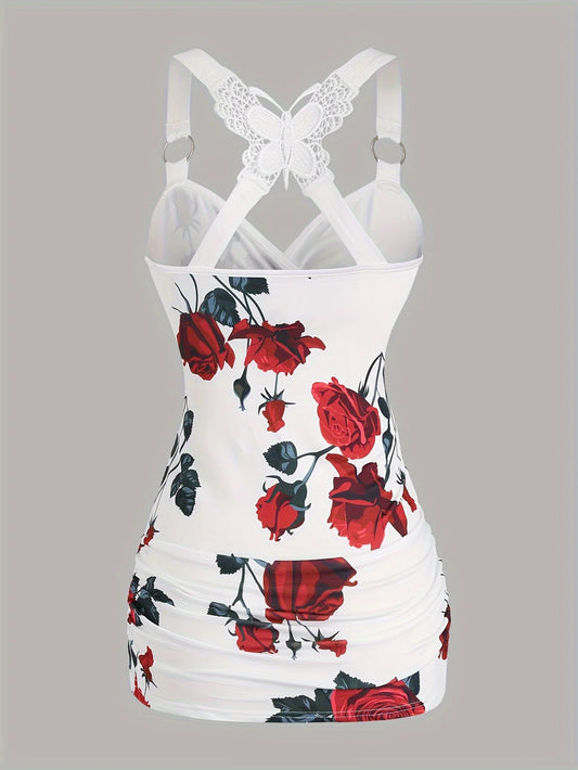 2024 spring and summer Europe and the United States new women's rose print pleated suspenders butterfly lace cross vest.-belleandkai.com