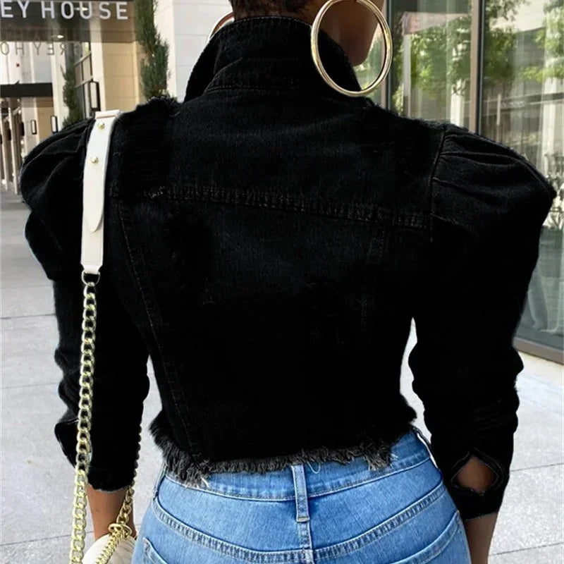 Fashion Bubble Long Sleeve Lapel Button Splicing Denim Jacket Female Broken Holes Tassel Outerwear Trend Streetwear Women's Coat-belleandkai.com