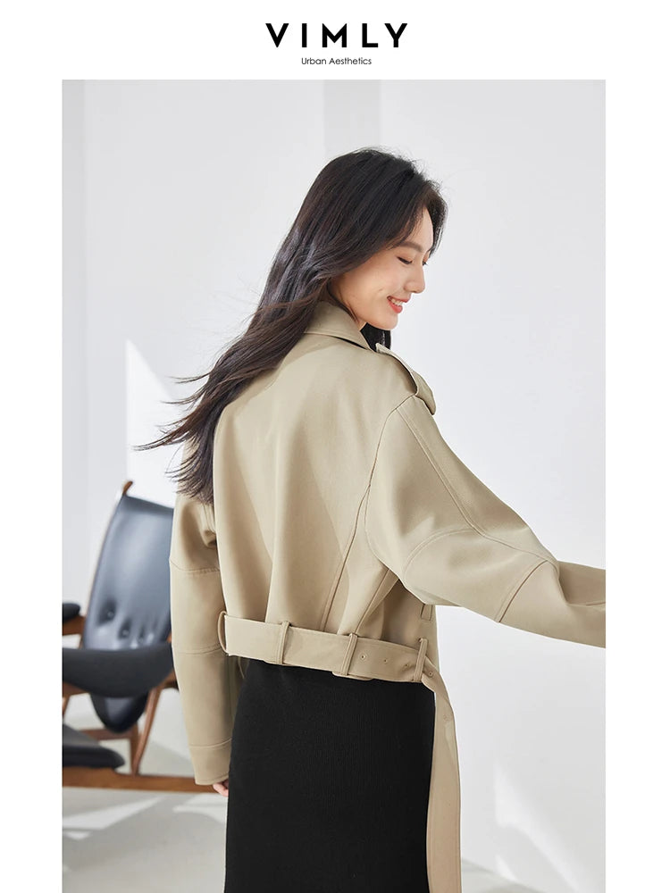 Vimly Light Khaki Crop Trench Coat Lapel Tie Belt Women's Windbreaker 2025 Spring Fashion Casual Loose Long Sleeve Jacket 16218-belleandkai.com
