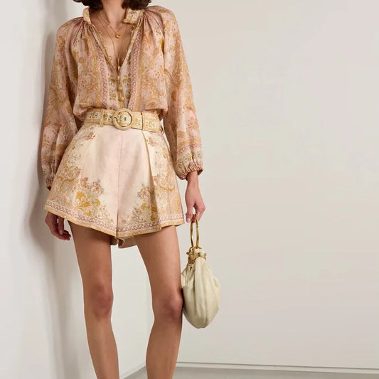Beach Vacation Women Set Australia Luxury Design Vintage Floral Print Loose Blouse and High Waist Shorts Suit for Summer Wearing-belleandkai.com