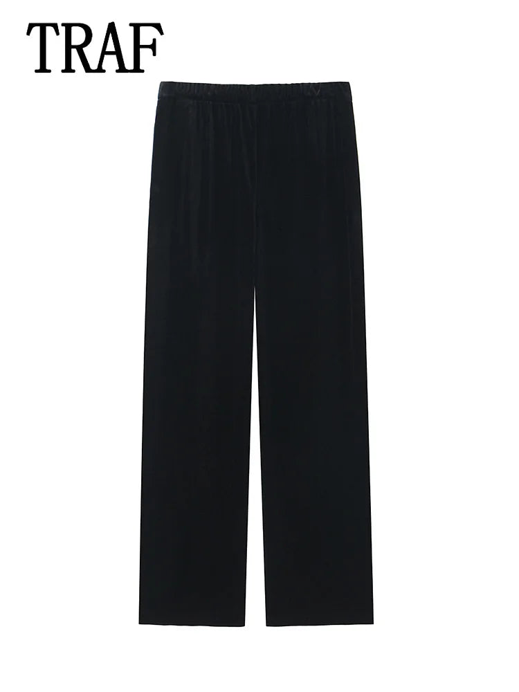 Women Fashion Velvet Trouser Set Streetwear Woman Wide Leg Long Pant +Long Sleeves Short Coat Top Women outfit-belleandkai.com