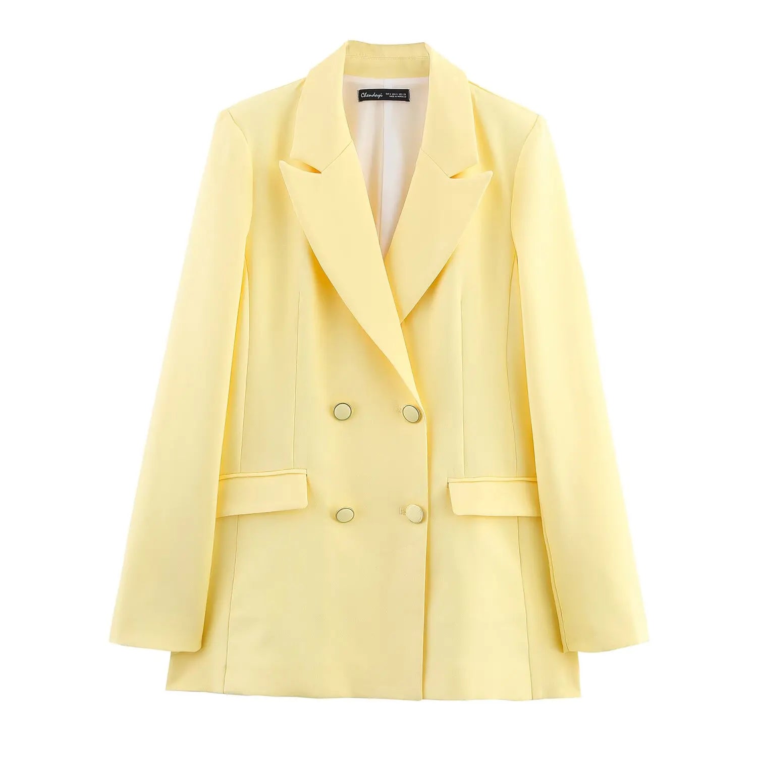 TRAFZA Elegant Yellow Blazer Women's Double-breasted Lapel Blazer Fashion High Street 2025 Spring Summer Holidays Commute Suit-belleandkai.com