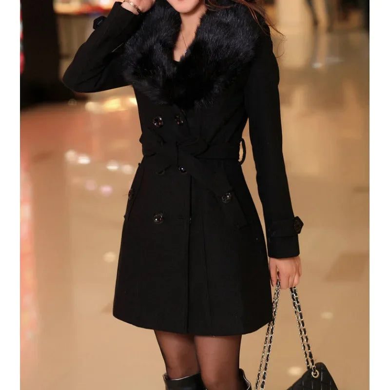 New Autumn Winter Women's Woolen Coat Mid-Length Korean Style Faux Fur Collar Sweater Material Outerwear Fashionable Ladies' Jac-belleandkai.com