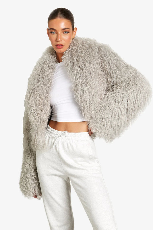 Women's Light gray Mongolian Fur Jacket – Real Sheepskin, Fluffy Short Coat, Winter Fashion Outerwear for Elegant Look-belleandkai.com