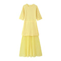 TRAFZA Women Elegant Half Sleeves O-Collar Pleated Dress Spring Woman Rear Zipper Splicing Vintage Casual Knitted Long Dress-belleandkai.com