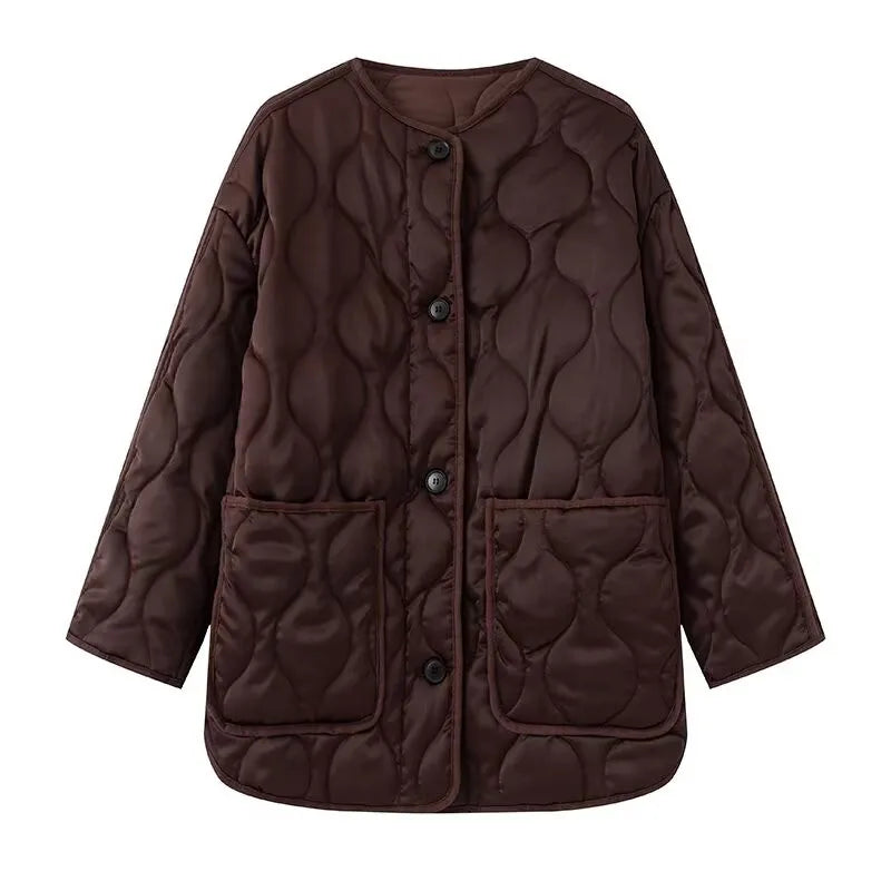 BSK&TRAF2025 Autumn New Women's Solid Color Retro Large Pocket Round Neck Long Sleeve Loose Quilted Cotton Jacket Coat-belleandkai.com