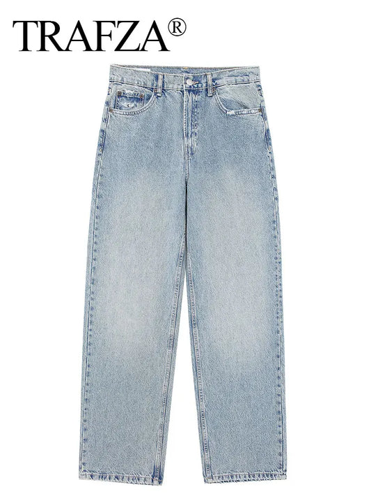 TRAFZA Jeans For Women Fashion Vintage Holes Decorated Denim Pant Patchwork High Waist Trousers Y2K 2024 High Street Lady Jeans-belleandkai.com