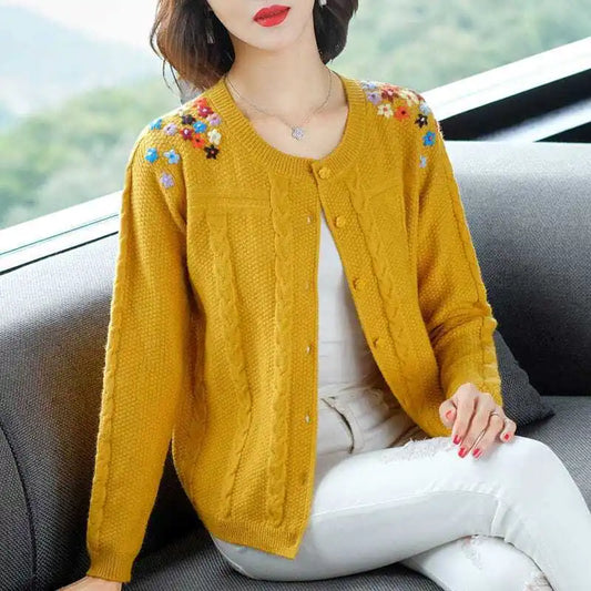 Plant&Flowers Hook Flower Hollow Women's Clothing Lantern Long Sleeve Sweater Knitted Cardigan Autumn Winter Round Neck Tops-belleandkai.com