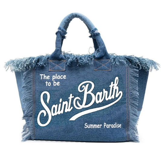 Saint Barthes European and American New Women's Large Capacity Leisure Travel Cowboy Blue Handmade Tassel Handbag-belleandkai.com