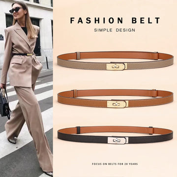 Adjustable Plutonium Leather Ladies Dress Accessories Slim Belts Thin Women Belt Belts Alloy Buckle Fashion Female Waist-belleandkai.com
