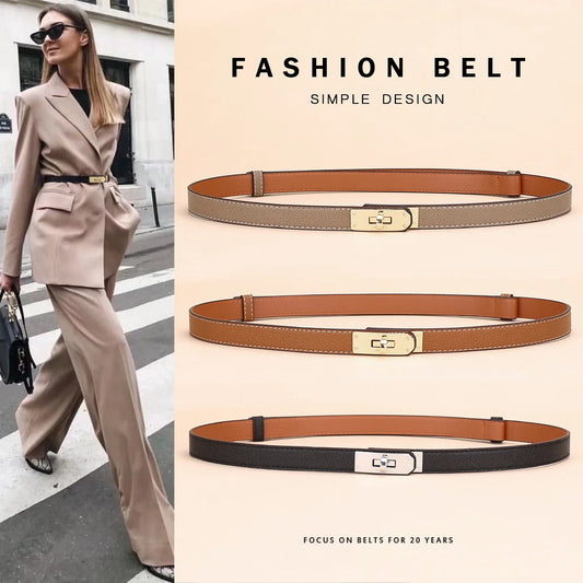 Adjustable Plutonium Leather Ladies Dress Accessories Slim Belts Thin Women Belt Belts Alloy Buckle Fashion Female Waist-belleandkai.com