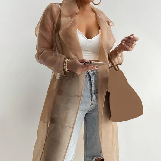 Elegant Shirts Trench Coat for Women Fashion See Through  Lace Up Spring Solid Sheer Mesh Long Sleeve Buttoned Coat with Belt-belleandkai.com