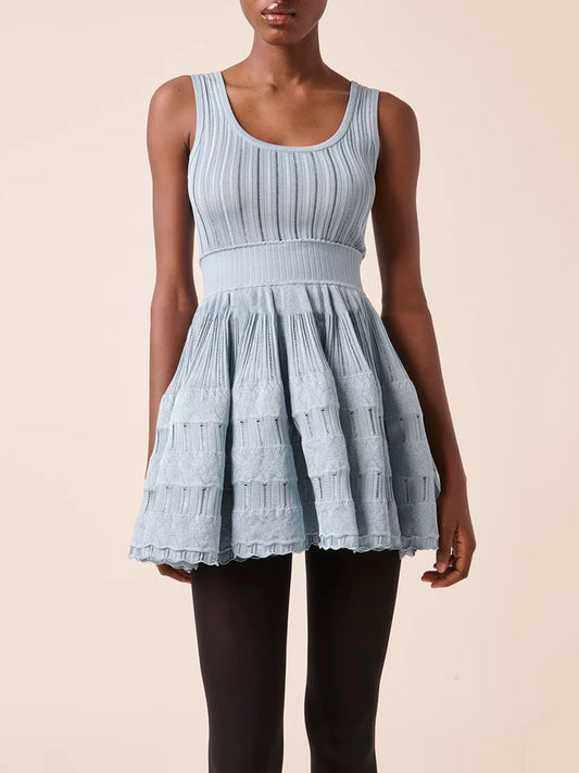 U collar Slim knit short dress temperament elegant hollow A-line women's dresses 2025 Spring New-belleandkai.com