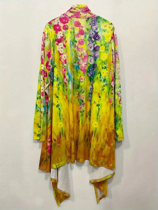 Plus Size 1XL-5XL Spring Summer Women's Fashion Cardigan Jacket Women Casual Flower Print Long Sleeve Open Loose Outwear Coat-belleandkai.com