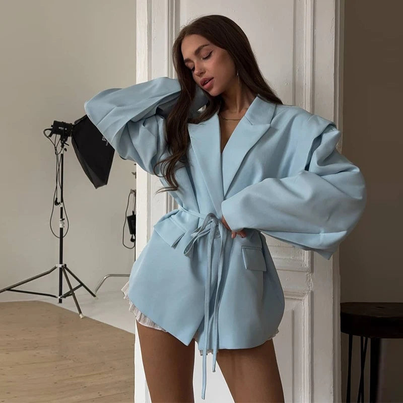 Lace Up Waist Cinched Suit Jacket Coat Blazer Shoulder Pad Strap Commuter Women Mid Length Overcoat Professional Formal Attire-belleandkai.com