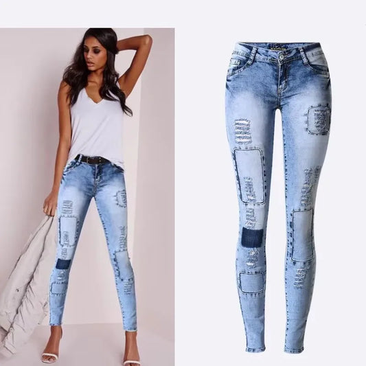 Summer Style Low Waist Sky Blue Patchwork Skinny Tights Women Pencil Jeans High Stretch Sexy Push Up Denim Women Fashion Jeans-belleandkai.com
