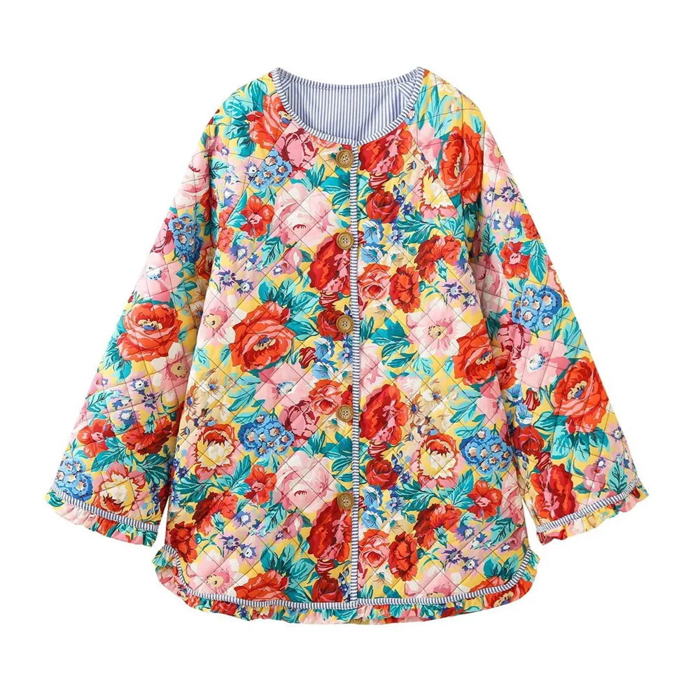 UNIZERA 2023 Autumn New Product Women's Fashion Versatile Round Neck Stripe Spliced Print Retro Quilted Cotton Coat-belleandkai.com