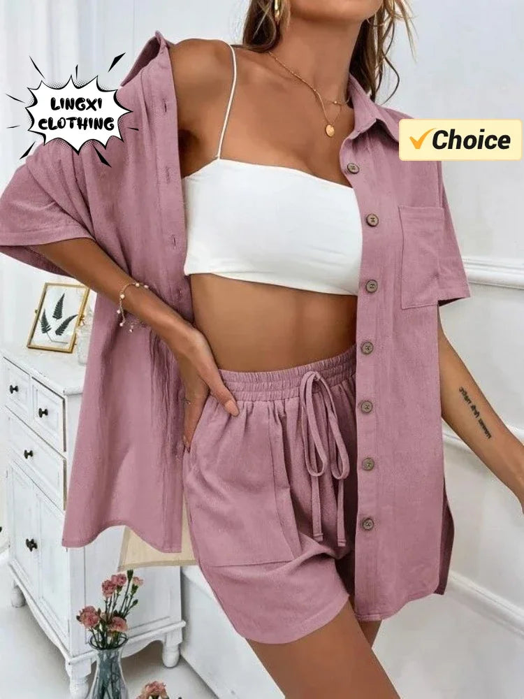 2024 Summer Fashion Sports Casual Cotton Linen Two Piece Set for Women's Single Breasted Shirt Elastic Waist Short Two Piece Set-belleandkai.com