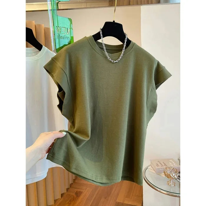 Osaka New Design SensibilityNiche Women's Short Sleeve T-Shirt Loose Fit Casual Slimming Cotton Crew Neck Leaflet Sleeve Top-belleandkai.com
