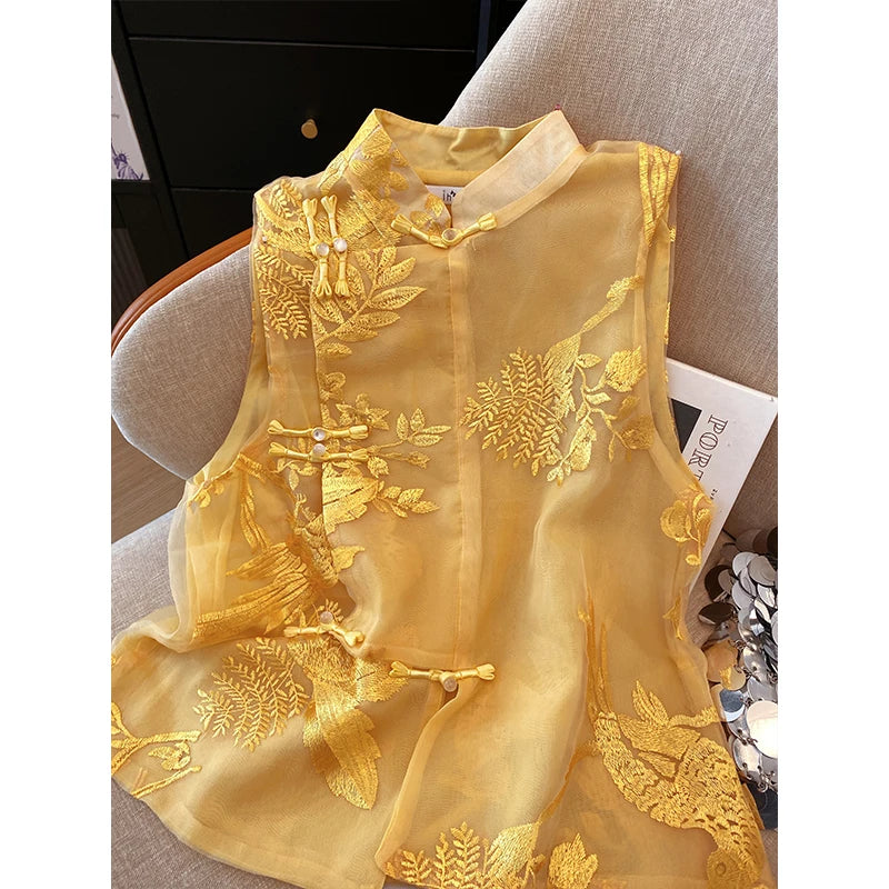 Vintage Vest Shirt New Chinese Style Embroidered Stand Collar Organza Vest Spring and Summer Temperament Women's Clothing-belleandkai.com