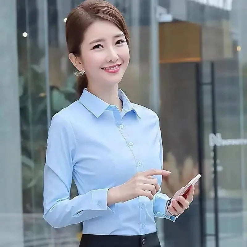 Slim Fit Workwear Shirt Women's Formal Long Sleeve Blue White Spring Summer Autumn Office Uniform Polo Collar Button Decoration-belleandkai.com