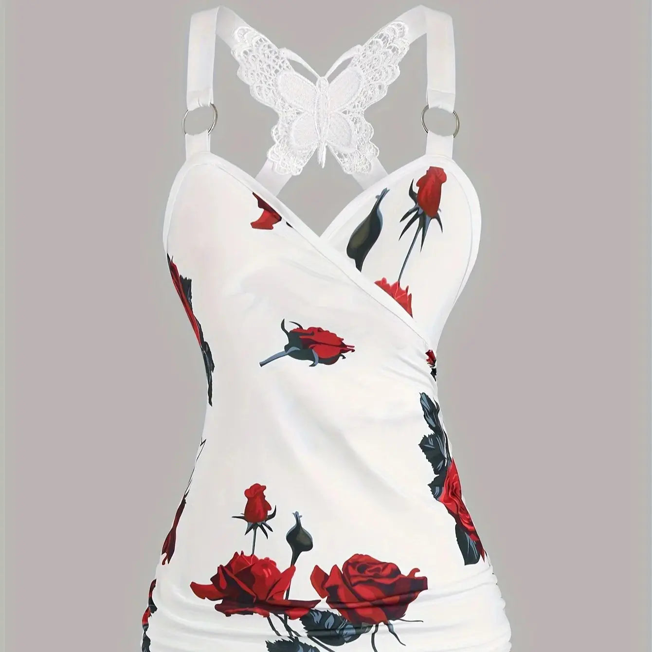 2024 spring and summer Europe and the United States new women's rose print pleated suspenders butterfly lace cross vest.-belleandkai.com