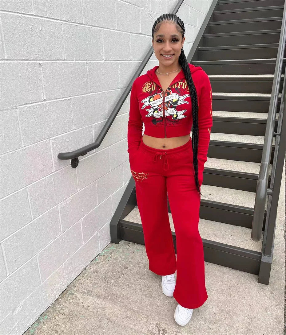 10 Bulk Items Wholesale Lots Tracksuits 2024 Printing 2 Piece Set Women Outfits Long Sleeve Zipper Hooded Jacket + Pant K12654_2-belleandkai.com