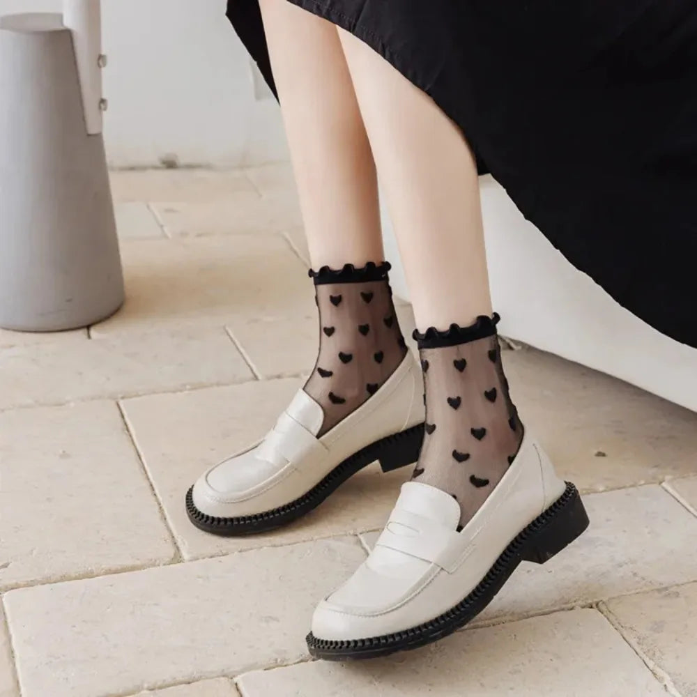 Women Transparent Black Heart Pattern Socks Ultra-thin Elastic Crystal Silk Socks Nylon Fashion Ladies Summer Short Ankle Socks-belleandkai.com