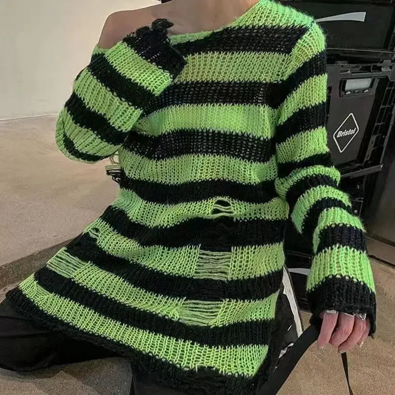 New Autumn Punk Gothic Long Unisex Sweater Women Striped Cool Hollow Out Hole Broken Jumper Loose Rock Thin Dark Streetwear Top-belleandkai.com