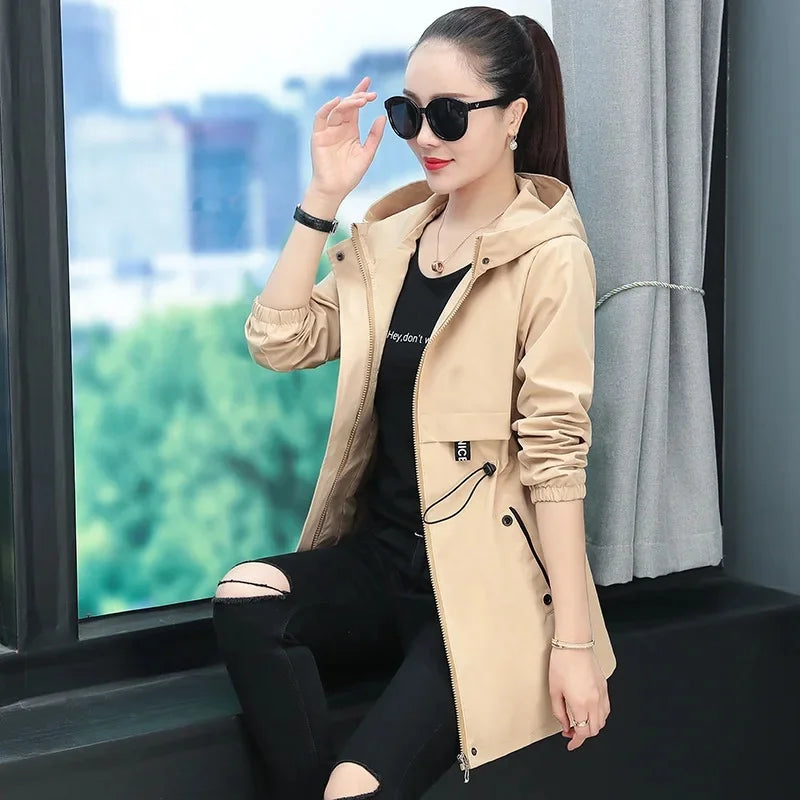 Hooded Coat Jacket for Middle-Aged Mothers Loose Elastic Waist Spring Autumn Zipper Open Cardigan Style Women's Clothing-belleandkai.com