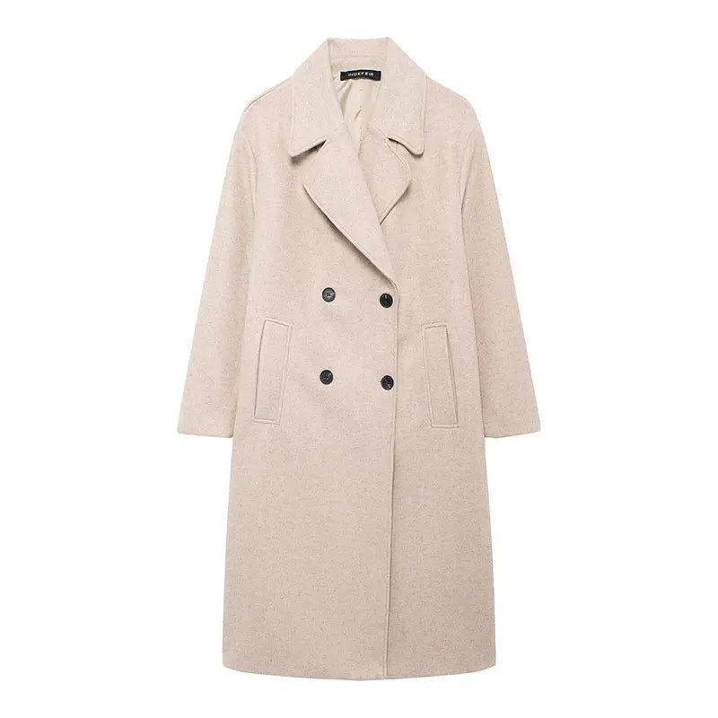 TRAFZA Winter Coat For Women 2024 Solid Lapel Double Breasted Long Cardigan Top Female Pokcet Streetwear Woman New In OuterCoat-belleandkai.com