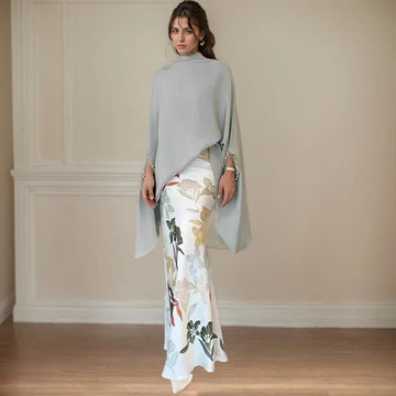Retro Floral Print Two Piece Set Fashion O Neck Batwing Sleeves Irregular Clipping Solid Color Stand Collar Blouses Tops Suits-belleandkai.com