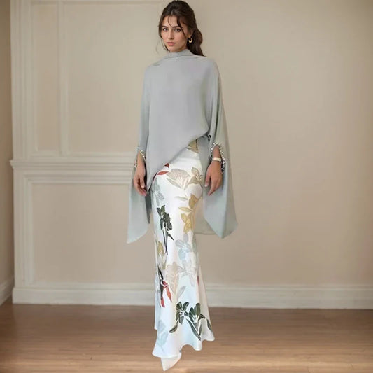 Retro Floral Print Two Piece Set Fashion O Neck Batwing Sleeves Irregular Clipping Solid Color Stand Collar Blouses Tops Suits-belleandkai.com