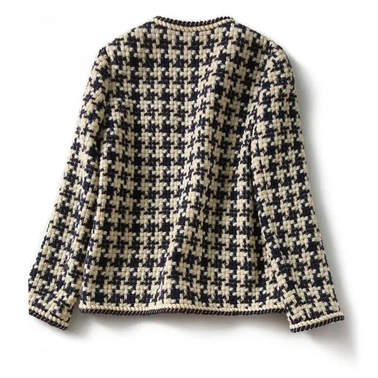 Bright Silk Bright Line Decoration Plaid Vintage O-Neck Long Sleeve Women's Jacket Covered Button Short Jackets Coat For Women-belleandkai.com