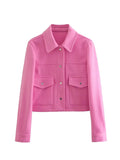 TRAFZA 2024 Autumn Winter Female Street Fashion Solid Jackets Causal With Pockets Button Down Turn Down Collar Elegant Coats-belleandkai.com