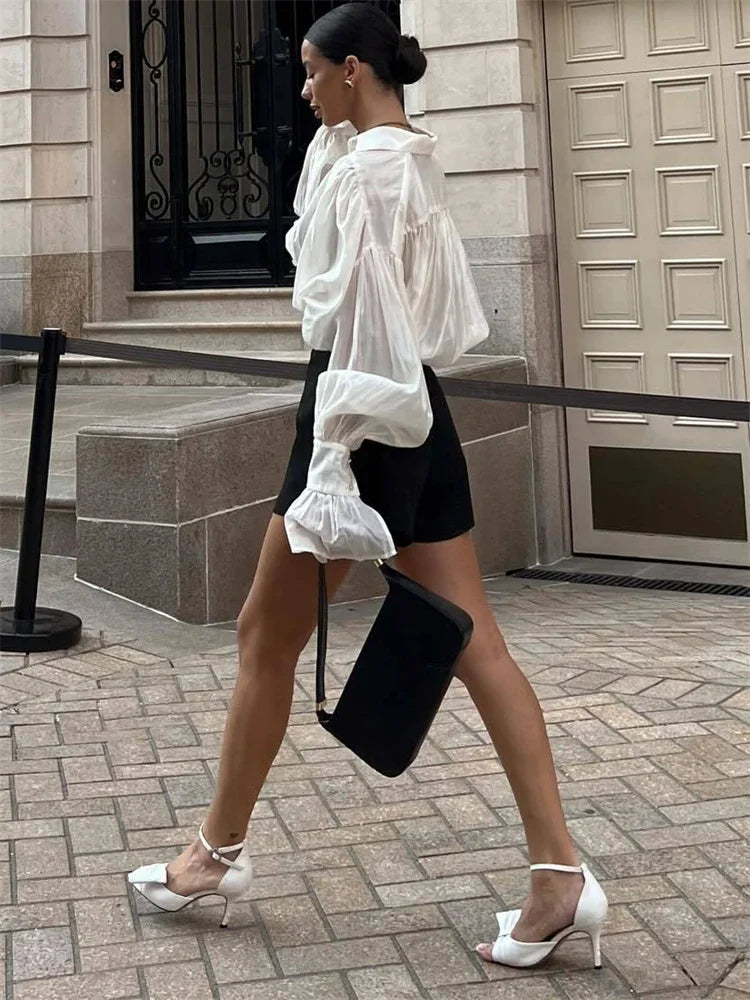 Autumn See-Through Casual Shirts Top For Women Loose Slim Long Sleeve Lapel Cardigan Streetwear Women's Pleated Shirts Top-belleandkai.com