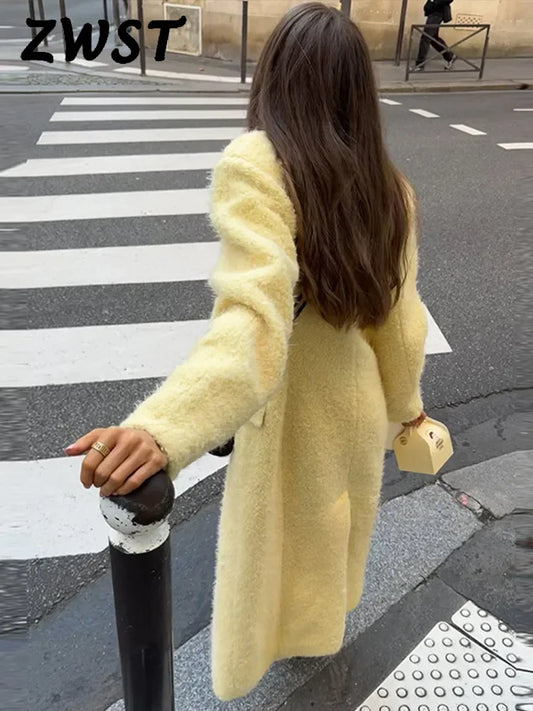 Elegant Lamb Wool Solid Women Maxi Coat Thicken Full Sleeve Lady Outwear 2024 Fashion Autumn Lapel Single Breasted Female Jacket-belleandkai.com