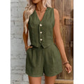 New Arrival Linen Summer Casual Commute Front Button Vest And Shorts Set V Neck Vest Autumn Clothing Women's Fashion Outfit-belleandkai.com