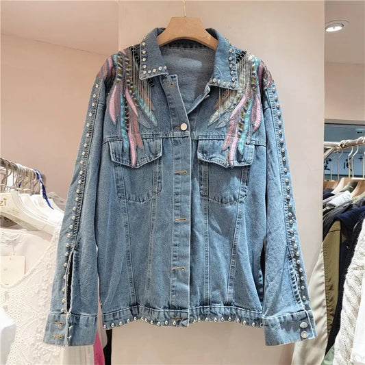Harajuku Vintage Wings Embroidery Chain Tassel Denim Jacket Women Blue Short Coat Casual Long Sleeve Spring New Chaqueta Mujer-belleandkai.com