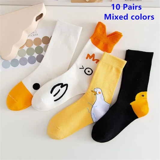10 Pairs Cartoon Women Socks Fashionable And Versatile Cute Design Funny Goose Breathable Soft Comfortable Women Casual Socks-belleandkai.com