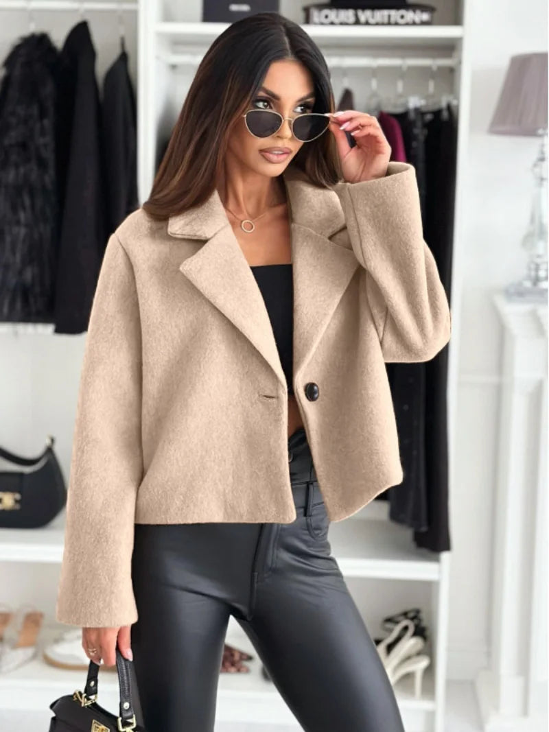2024 autumn and winter fashion versatile suit collar solid colour short tweed jacket women-belleandkai.com